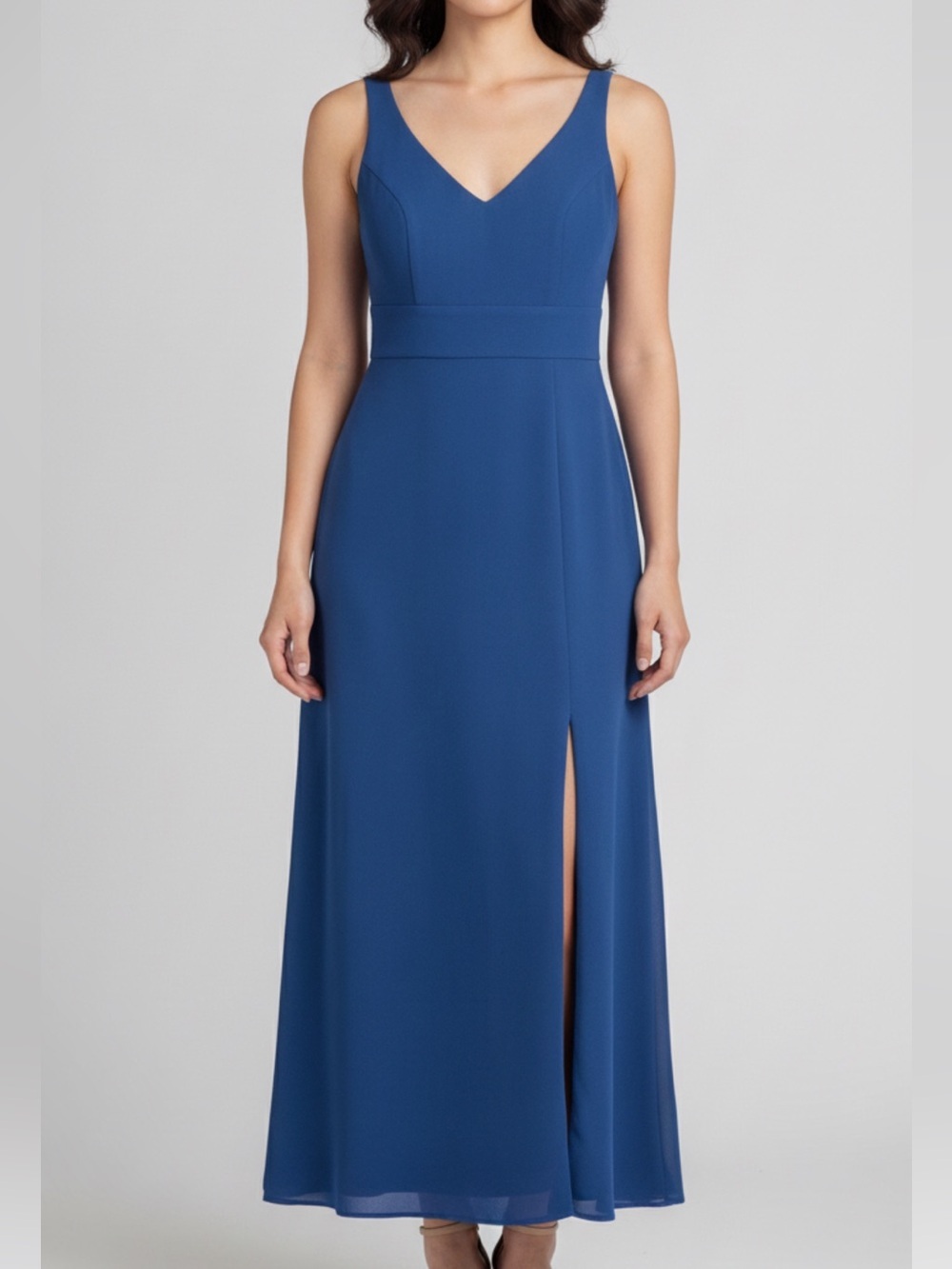 After Six Gown Womens Sz 14 Blue Crepe Chiffon Thigh High Slit Formal **READ***